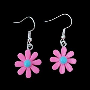 Pink Retro Flower Earrings with blue Center